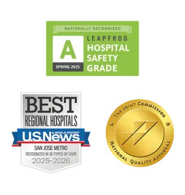 A green badge displaying "A" for Leapfrog Hospital Safety Grade, indicating national recognition for Spring 2025.