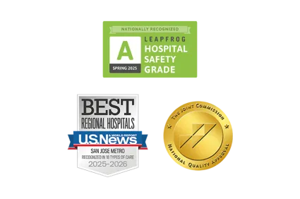 A green badge displaying "A" for Leapfrog Hospital Safety Grade, indicating national recognition for Spring 2025.
